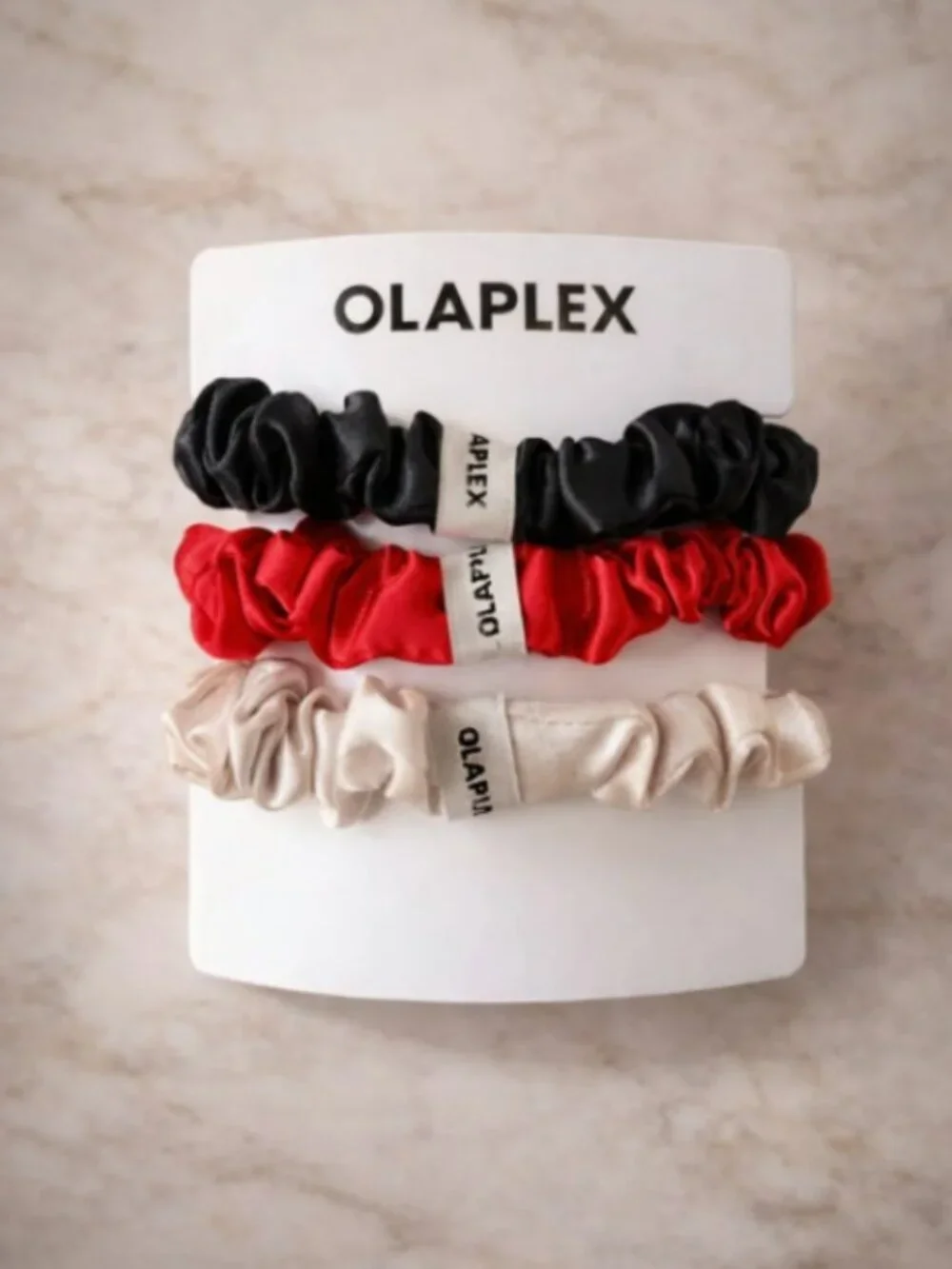 Olaplex Set of 3 Satin Scrunchies — Black, Red, Cream BRAND NEW